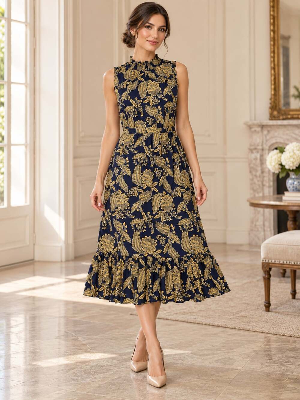 J.Crew Midi Dress 10 Navy Yellow Floral Smocked Neck Ruffle Sleeveless Lined